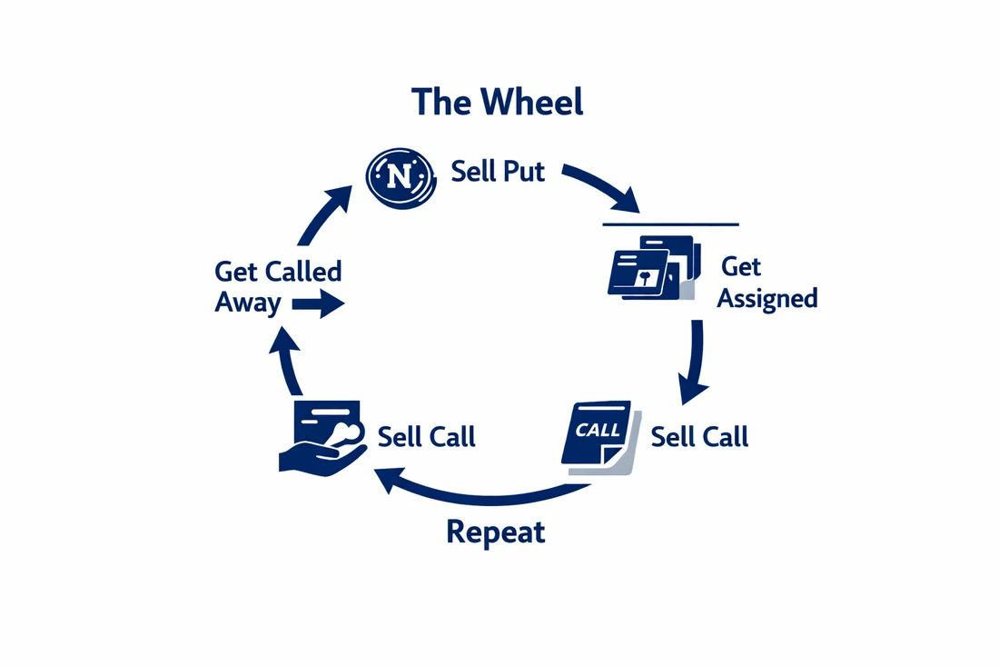 The wheel strategy cycle: sell a put, get assigned, sell a call, get called away, repeat